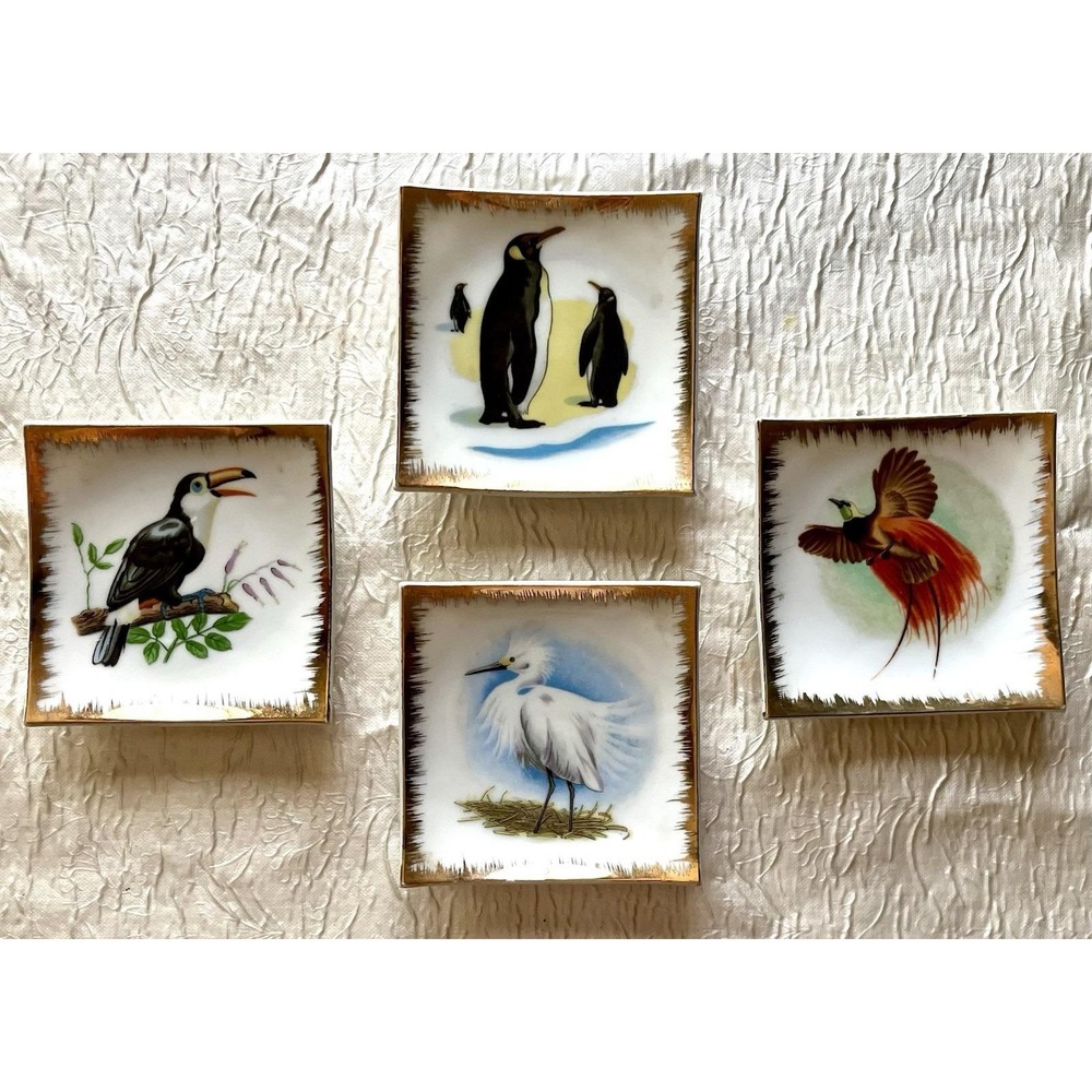 Vintage World Creations by Crimco Japan Bird Trinket Dish Set of 4 Gold Rimmed